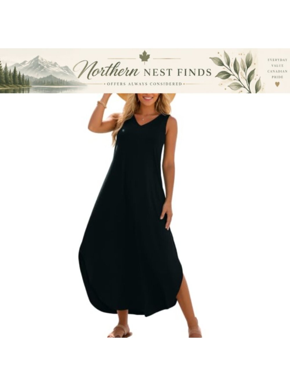 Women Loose V Neck Sleeveless Maxi Sundress Side Split Summer Long Dress